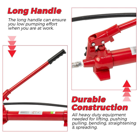 12-Ton Porta Power hydraulic jack kit in red with long handle and 55-inch hose; Amazon Home Improvement