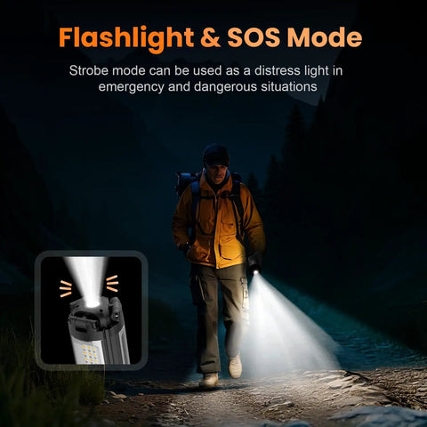 Person using Your Go To Camping Light With Stand, Cordless LED Work Light, 2200 Lumens, in strobe mode for emergencies at night.