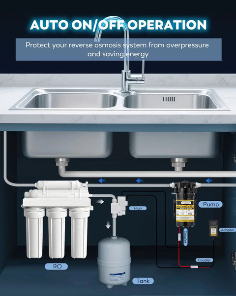 Installed 200GPD Booster Pump For RO System Complete Kit With Quick Connect Design under kitchen sink with dual sink setup.