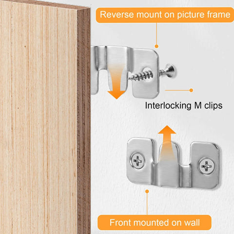 Massive 200-Piece Flush Mount Bracket Set With Stainless Steel Hanging Buckles showing interlocking M clips on wall and frame