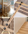 Wooden Stair Tread Template Tool with adjustable length for precise stair layouts shown in construction and finished settings.