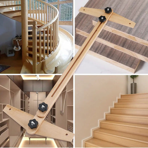 Wooden Stair Tread Template Tool with adjustable length for precise stair layouts shown in construction and finished settings.