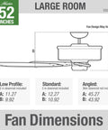 Diagram showing dimensions of 52 Inch Indoor Ceiling Fan No Light With Pull Chain Slick Matte Black Finish, Builder Elite 53243.