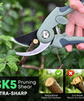 Close-up of pruning shears cutting a branch, showing sharp SK5 blade, part of 7.2V Cordless Hedge Trimmer And 2 In 1 Handheld Electric Shrub Trimmer Kit.