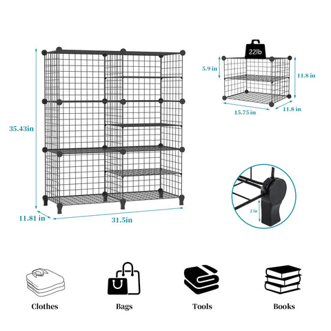 Diagram of 17 Cube Wire Closet Organizer Storage Shelves The Ultimate DIY Closet System with dimensions and capacity details.