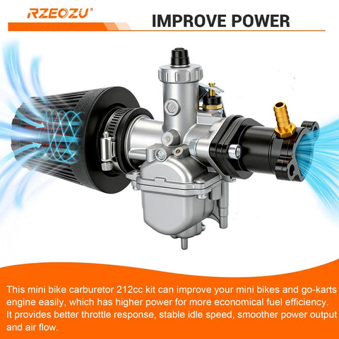 Predator 212 Stage 2 Carb Kit With VM22 Carburetor And Exhaust For Predator 196cc 224cc Engines Coleman CT200U CT200U EX BT200X Axis M200 Baja MB200 KT196 Mini Bikes Go Karts Performance Parts close-up view with air filter