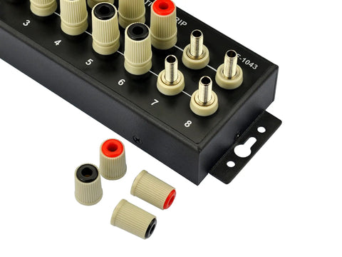 Eight Outlet DC Power Distribution Strip With Beefy High Current Terminals 60V 50A Total 30A Per Port showing banana jack outputs.