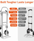 Front view of stainless steel 800 lb dolly cart with folding hand truck and large rubber wheels
