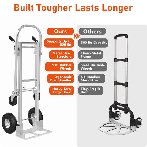 Front view of stainless steel 800 lb dolly cart with folding hand truck and large rubber wheels