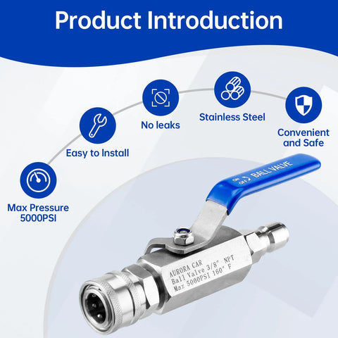 AURORA CAR 3/8 in NPT stainless steel ball valve for pressure washers with blue lever, 5000 PSI