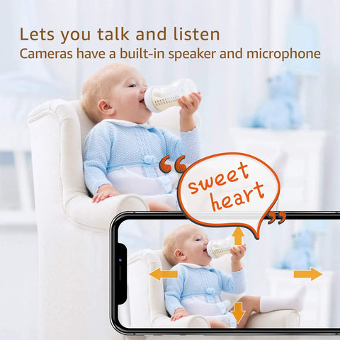 Indoor Wireless Security Camera With Pan Tilt And WiFi App Control showing baby drinking from bottle with two-way audio feature