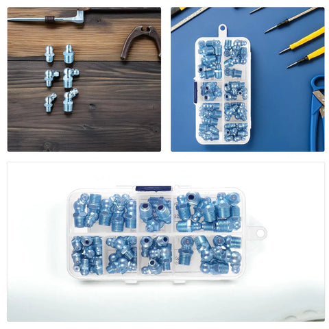 Top Shelf 100 Piece Hex Head Grease Fitting Kit With 45 Degree Angle And 1/8 28 Thread Specs Made From Durable Zinc Plated Iron For Serious Hydraulic Maintenance Crews Looking To Cut Down On Downtime Fast., 100-piece zinc plated iron 45-degree hex head grease fitting kit in organizer