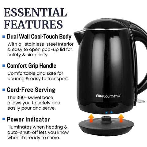 1.8L Double Wall Insulated Kettle With Cool Touch Exterior, 1500W Quick Boil, Stainless Steel Interior And Lid, 360 Degree Swivel Base