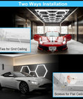Hexagon Garage Lights Five Panel LED Ceiling Light 6500K Hella Bright 168W 20160LM installed in car and workshop settings