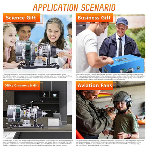 Application scenarios for Hands On One Tenth Scale Turbofan Engine Model Kit Twin Spool Electric Jet Engine For DIY Assembly STEM Education Gift featuring science, business, and aviation settings.