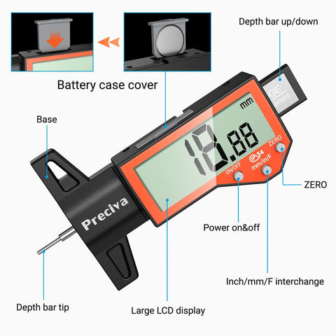 Digital Tire Tread Depth Gauge With Large LCD Display Inches Millimeters And Fraction Conversion showing zeroing feature