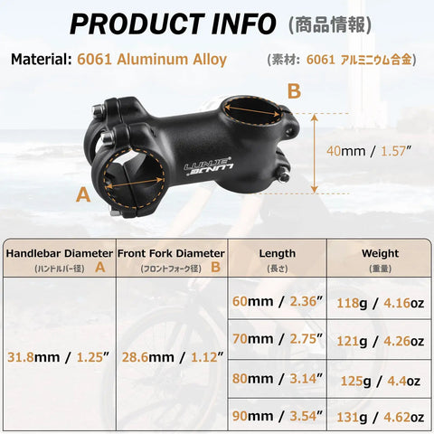 Detailed image of 31.8mm Bike Stem 80mm Length 7 Degree Angle Aluminum 6061 Lightweight specifications chart and dimensions