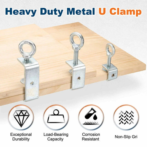 Heavy Duty Carbon Steel C Clamp 45mm Tiger U Clip With Eye Hook Screw for Woodworking Welding and Mounting, Durable Galvanized Finish, All Purpose DIY Pro Grip for Projects. Three galvanized steel eye clamps on wood board