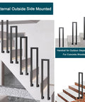 Heavy Gauge Side Mount Step Handrail For Outdoor Stairs And Patio Deck No Fuss Weatherproof with side view on concrete and wooden stairs.