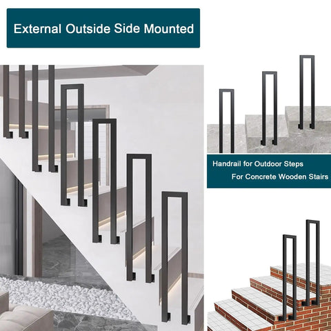 Heavy Gauge Side Mount Step Handrail For Outdoor Stairs And Patio Deck No Fuss Weatherproof with side view on concrete and wooden stairs.
