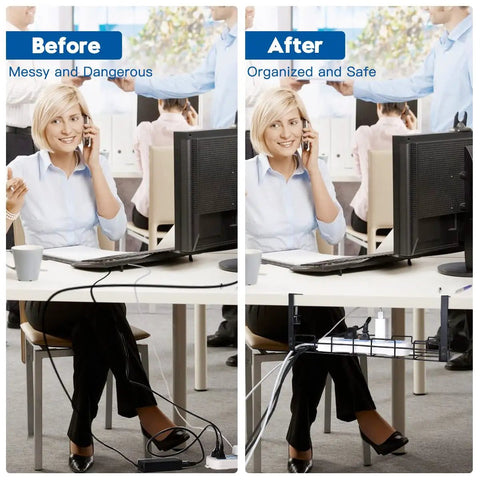Before and after use of No Drill Under Desk Cable And Wire Management Tray Two Pack Sturdy Alloy Steel Wire Organizer.