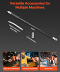 Components of Pro Grade Heavy Duty 6000 PSI Grease Gun Kit with 18 Inch Flex Hose, Metal Extension, and 2 Flat Nozzles