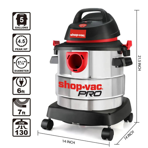 5 Gallon 4.5 Peak HP Wet Dry Vacuum With Stainless Steel Tank Portable Shop Vacuum featuring red accents and measurement guide