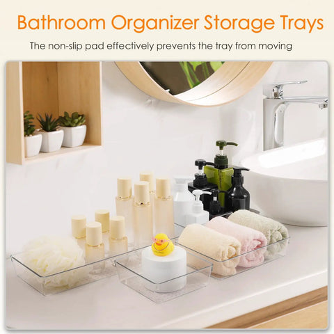10 Piece Clear Drawer Organizer Set With Three Sized Trays Solid Bathroom Vanity Or Kitchen Storage Heavy Duty Plastic Bins on vanity.