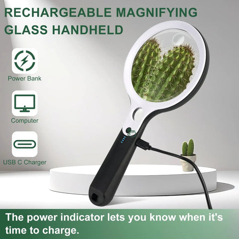Rechargeable Illuminated Handheld Magnifier With 48 LED Lights, 10X 20X 45X Zoom, Five Light Modes, cactus under lens view