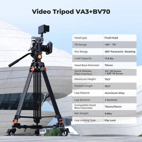 80 Inch Aluminum Fluid Head Video Tripod With Quick Release Plate and camera setup, smooth 360 pan, in outdoor setting