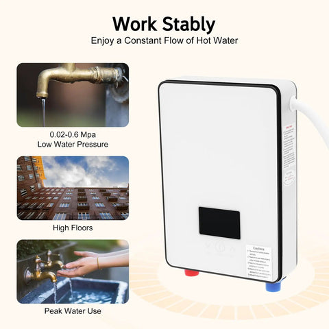 Space Saving Electric Tankless Water Heater With 4500 Watt Element serving instant hot water installation orientation and features.