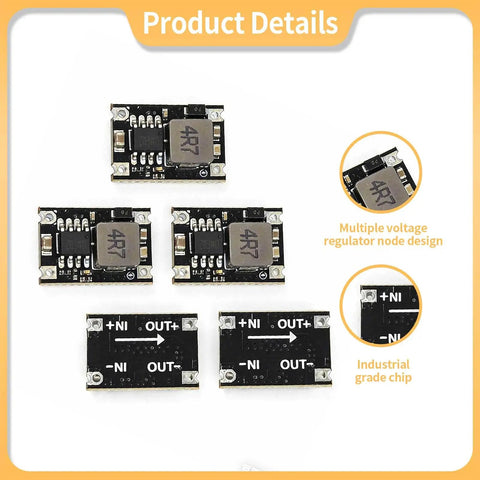 5 Pack DC To DC Buck Converter Module With 6V To 30V Input And 5V Output Mini Step Down Regulator Board front and back view