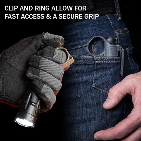 Switchback Large 2.0 Flashlight Ring with Pocket Clip for 1-Inch Tactical Lights clipped to jeans, showing secure grip and fast access.
