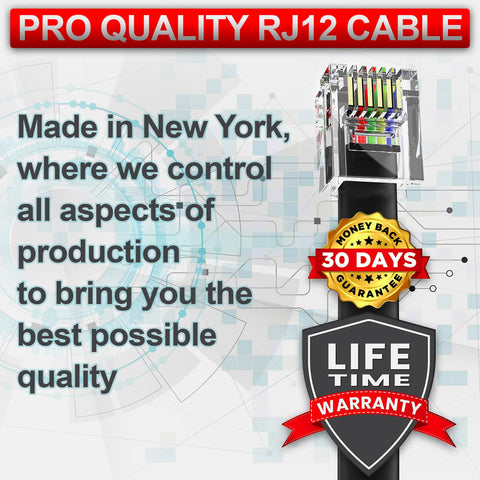 2 Pack 6 Foot Black RJ12 6P6C Straight Wired Phone Line Cable For Data And Voice, Heavy Duty 26AWG Copper, Made In USA