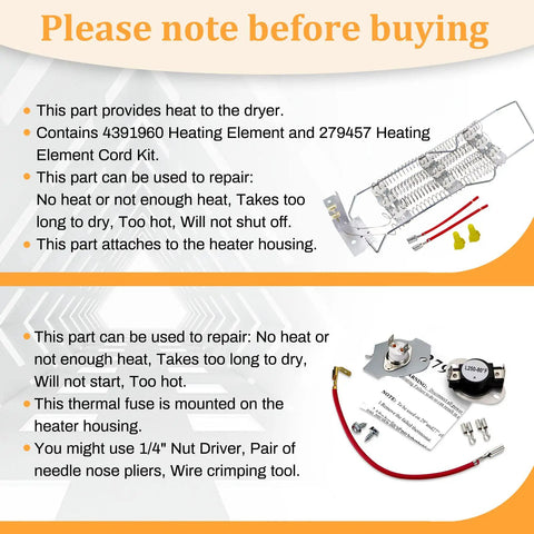 Dryer Heating Element Kit With 279816 Thermostat And Wire Pack For Older Electric Dryers and Cooktops Replacement, components shown