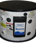 20 Gallon Hot Water Heater With Heavy Duty Heat Exchanger 120V Electric Rig For RVs And Boats showing a round white tank with safety labels.