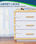12 Pcs White ABS Cabinet Locks For Kidproofing Drawers And Appliances With Easy Install And Reliable Security Plus Adjustable Furniture Straps For Home Safety, shown on dresser drawers with childproof locks installed.