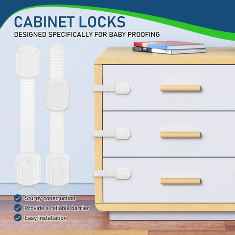 12 Pcs White ABS Cabinet Locks For Kidproofing Drawers And Appliances With Easy Install And Reliable Security Plus Adjustable Furniture Straps For Home Safety, shown on dresser drawers with childproof locks installed.