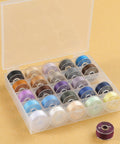 YEQIN clear plastic bobbin box with 25 slots filled with colorful thread spools; lid open.