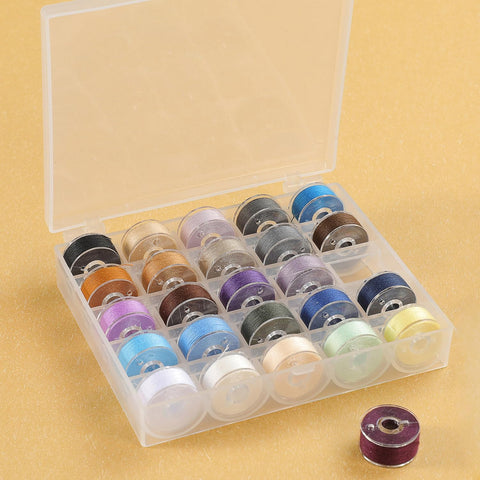 YEQIN clear plastic bobbin box with 25 slots filled with colorful thread spools; lid open.