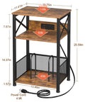 Record Player Stand With Built In Charging Station And Storage Cabinet, dimensions labeled, rustic brown 3-tier end table.
