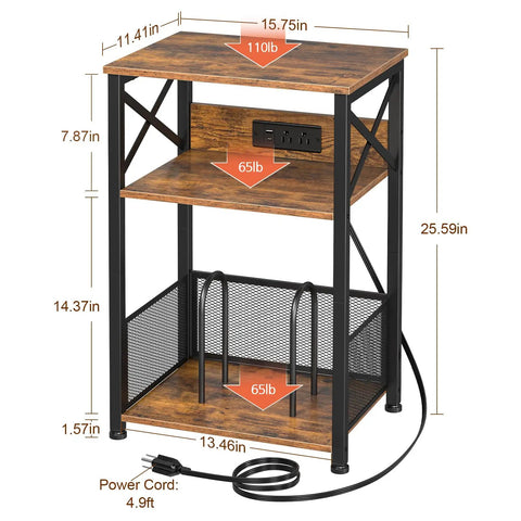 Record Player Stand With Built In Charging Station And Storage Cabinet, dimensions labeled, rustic brown 3-tier end table.