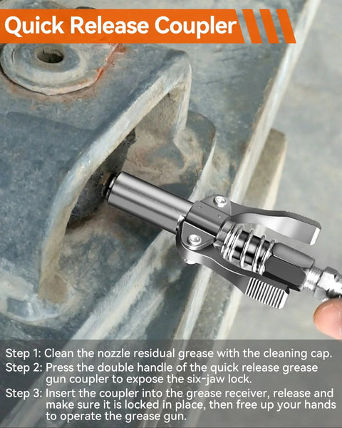Pistol-grip grease gun kit with quick-release coupler and 18-inch resin hose; metal body.