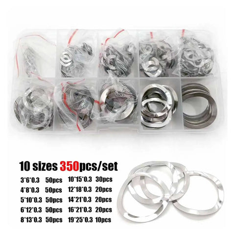 Three Wave Type Stainless Steel Spring Washer Kit 304 SS Anti Loosening Gaskets M3 Through M19 350 Pieces Per Box Heavy Duty Vibration Resistant Washer Assortment For Automotive And Home Hardware Projects Rust Resistant And Easy To Install, 10 sizes