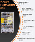 Heavy Duty 150 Watt 12 Volt Enclosed Switching Power Supply with product specifications table and dimensions.