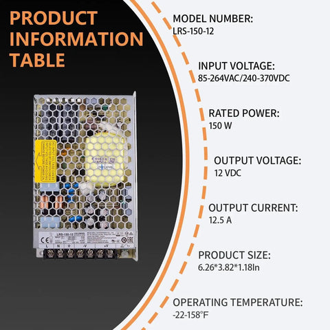 Heavy Duty 150 Watt 12 Volt Enclosed Switching Power Supply with product specifications table and dimensions.