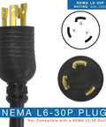 Fifteen Foot Locking Power Cord For NEMA L6 30P To SJTW Ten Three 30 Amp 250 Volt Heavy Duty All Weather UL Listed Copper Wire