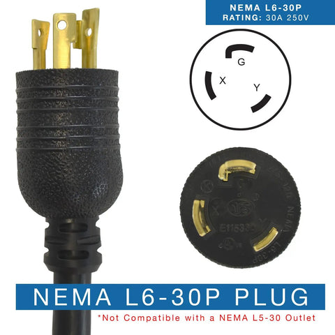 Fifteen Foot Locking Power Cord For NEMA L6 30P To SJTW Ten Three 30 Amp 250 Volt Heavy Duty All Weather UL Listed Copper Wire