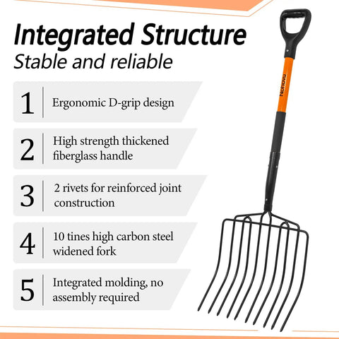 Built Tough Pitch Fork With 10 Tines And Non Slip Handle For Mulching And Garden Cleanup 45 Inch Curved Head Garden Fork