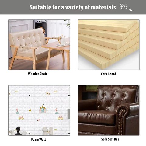Rugged 50 Piece Silver Upholstery Nail Caps For Couches And Headboards Quick Snap Fit Flat Trim Decorative Hardware shown on wooden chair, cork board, foam wall, and sofa soft bag.